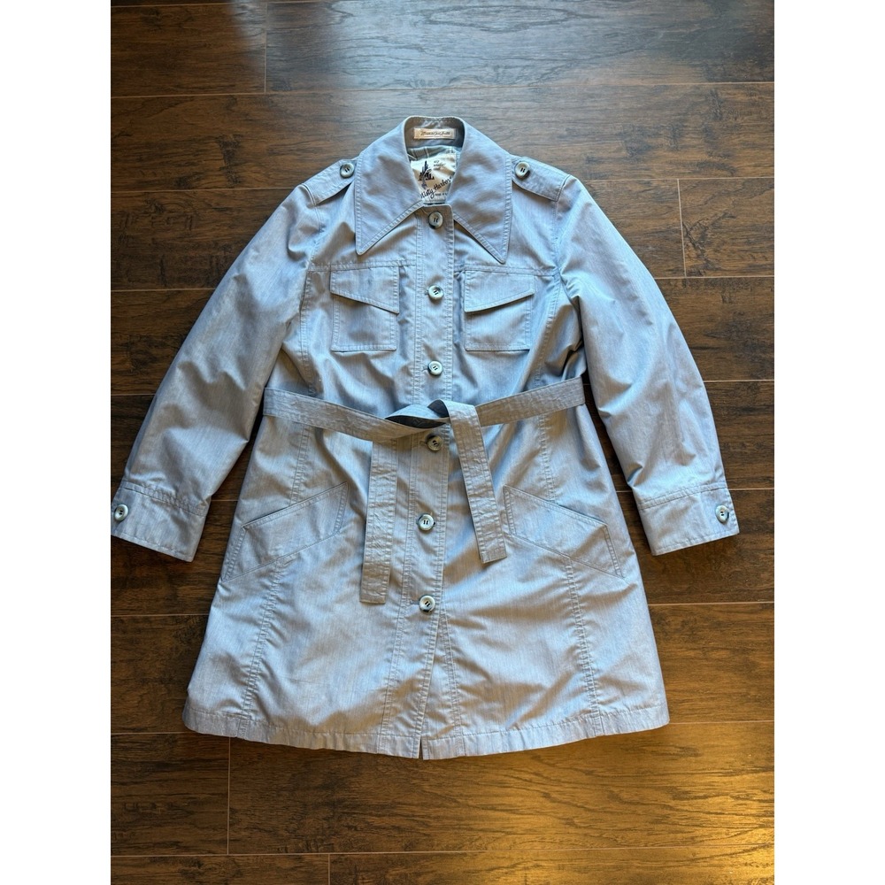 Vintage 90s Misty Harbor USA MADE Trench Coat Powder Blue Belted Plaid Lined  14 - Picture 3 of 6